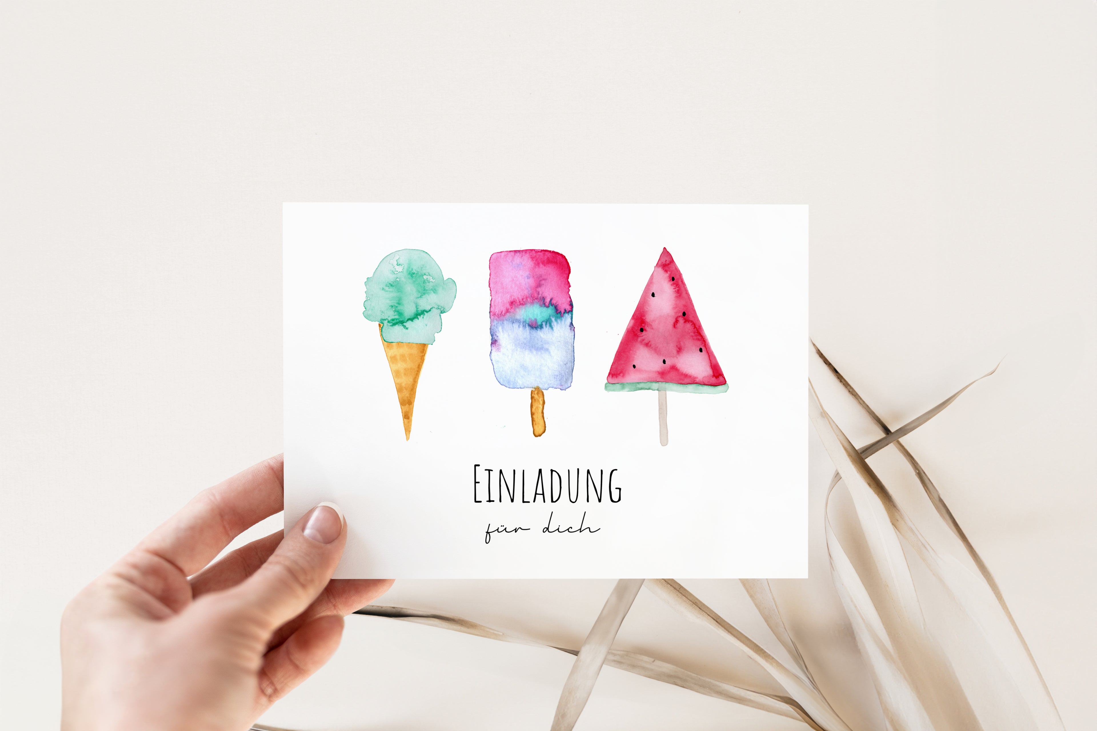 Handgemalte Eis-Einladungskarte (Eiscreme) für den Kindergeburtstag