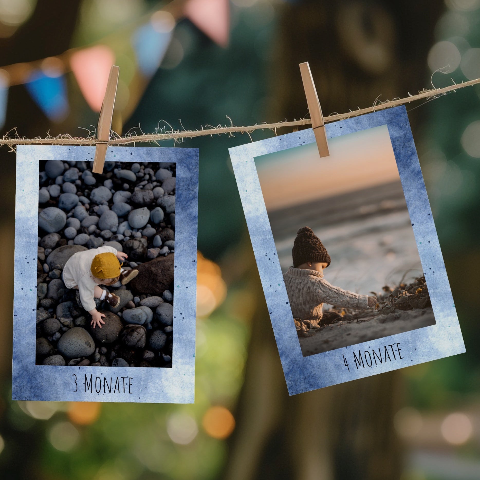 Fotogirlande zum 1. Geburtstag in Blau als ruhige Dekoration mit persönlichen Fotos