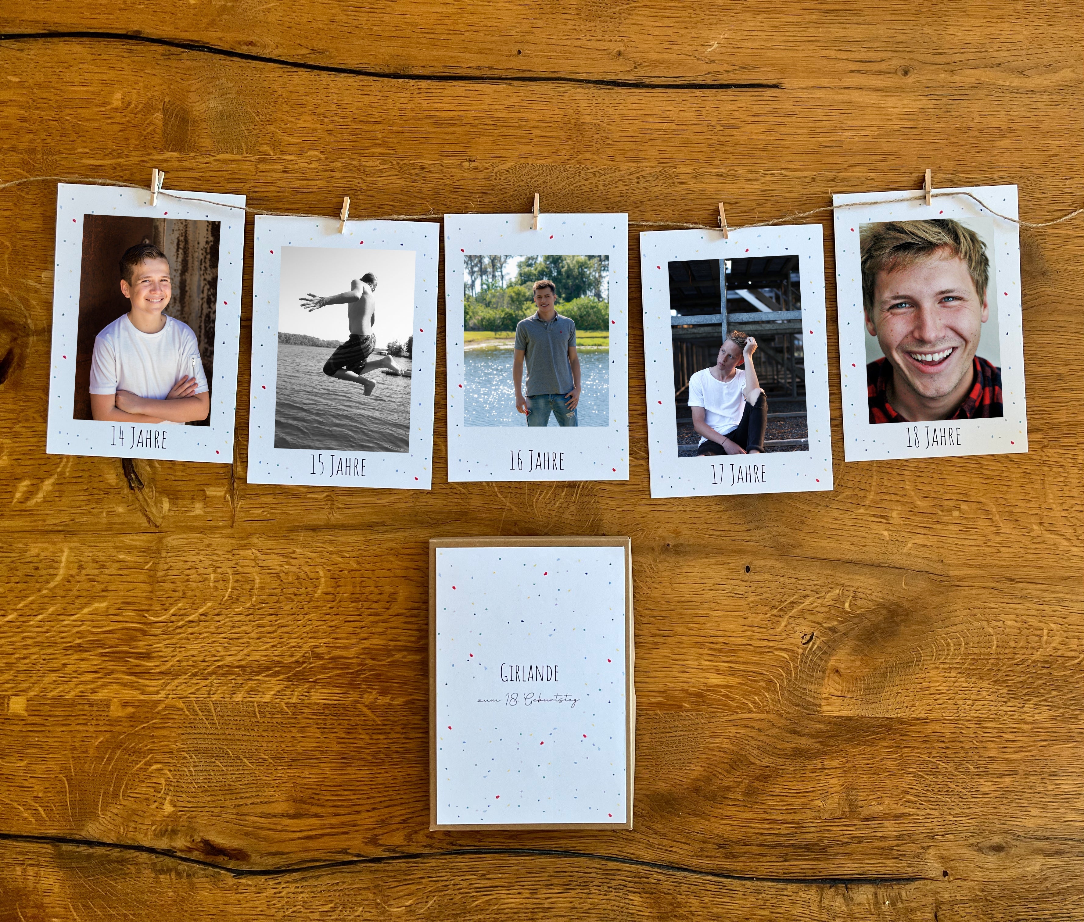 Handgemalte Fotogirlande im Motiv Farbspritzer für den 18. Geburtstag als besondere Erinnerung