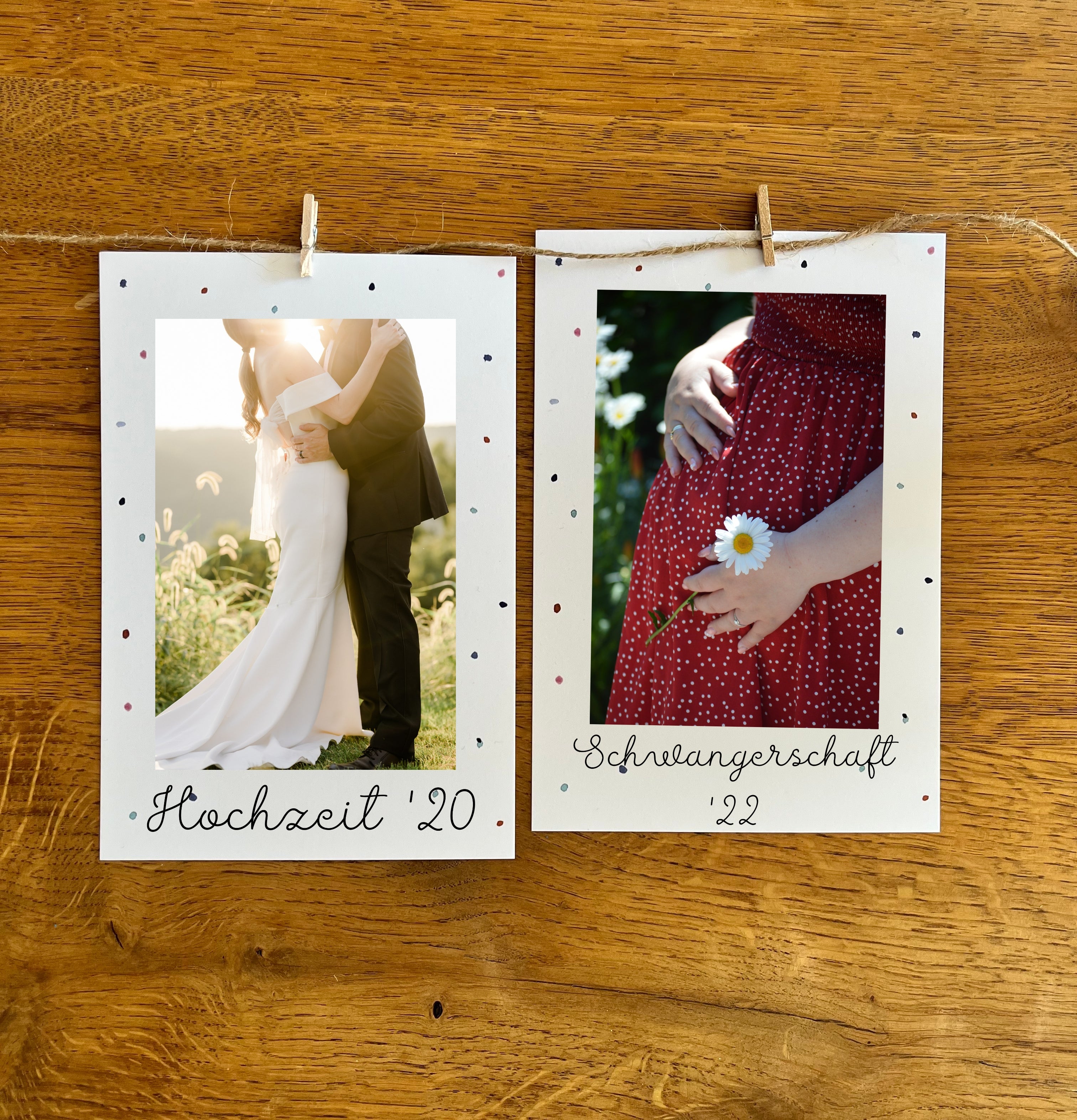 Blanko Fotogirlande Tupfer aufgehängt an Schnur mit Holzklammern – individuell beschriftbar für persönliche Anlässe.