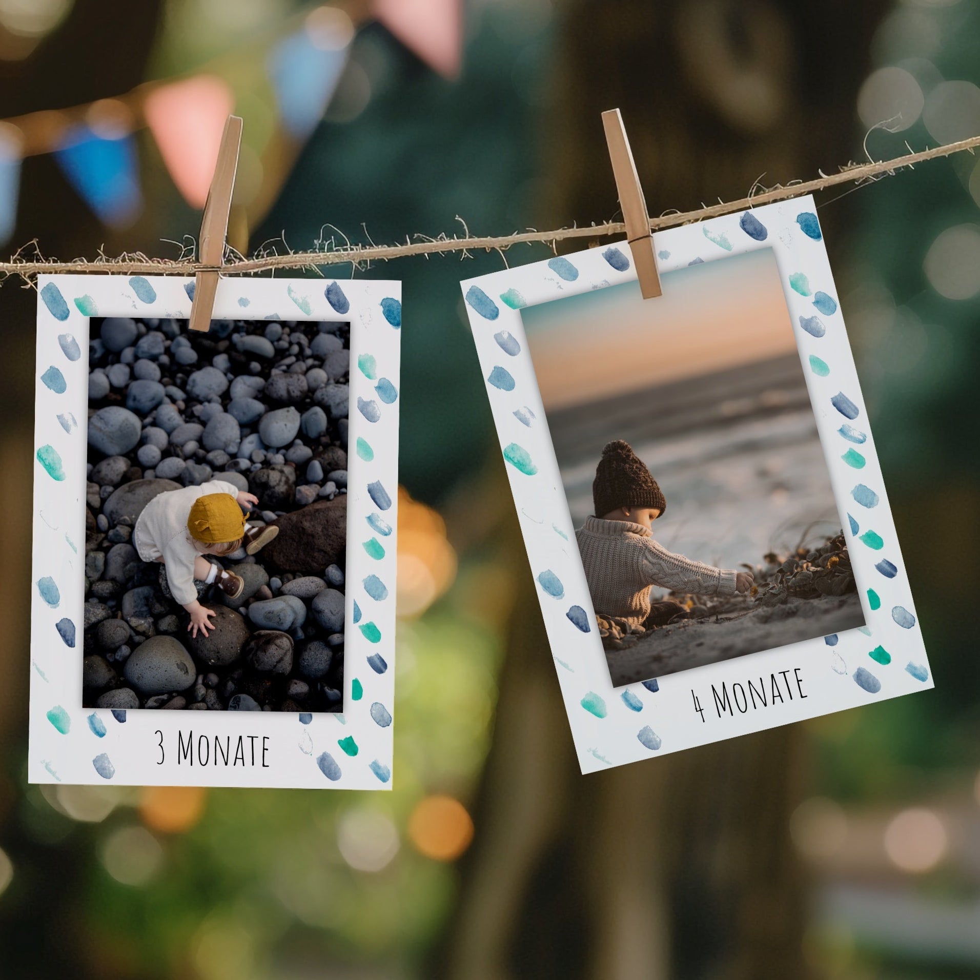 Detailansicht der handillustrierten Karten der Fotogirlande Blaue Tupfer für den 1. Geburtstag.