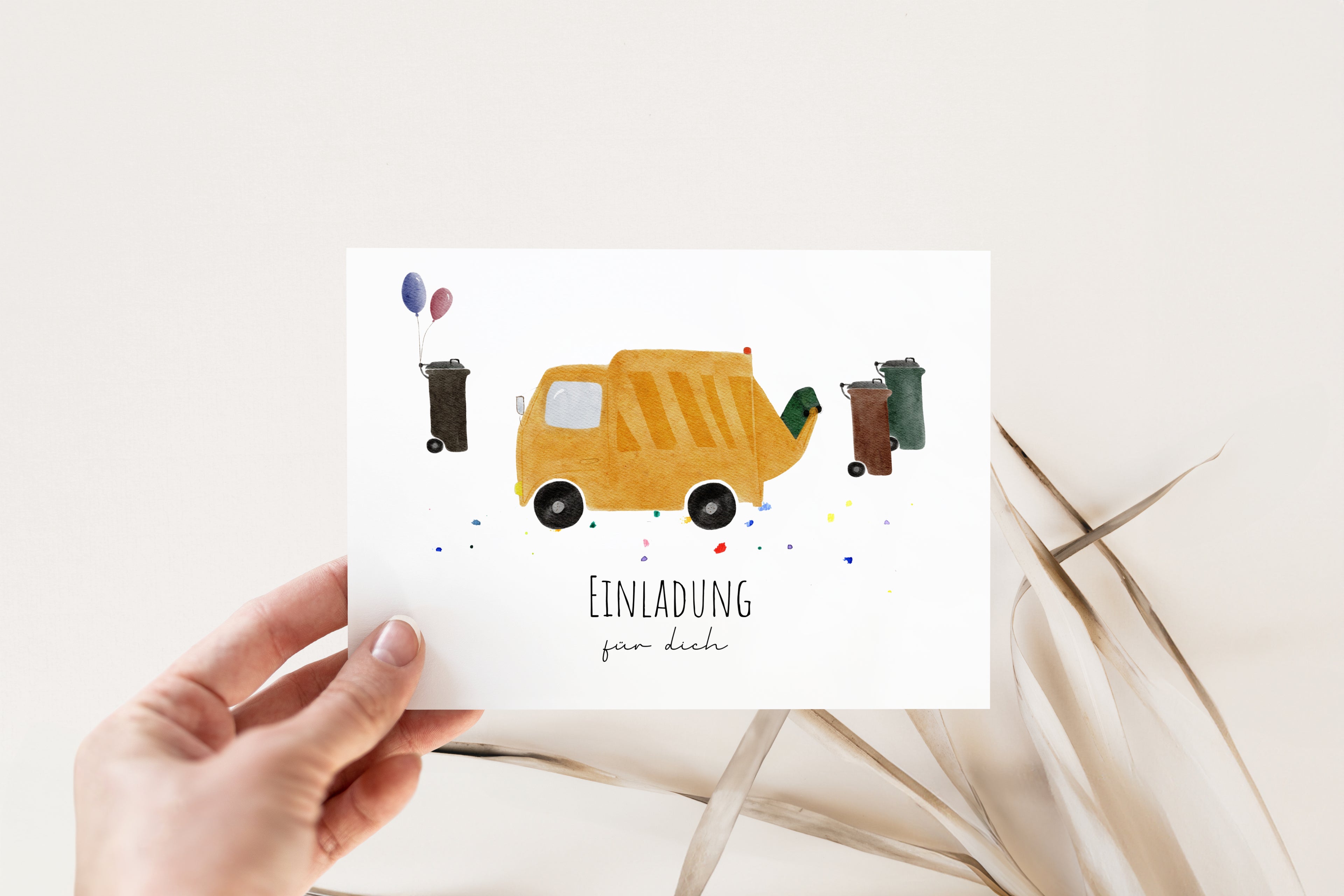 Handgemalte Müllauto-Einladungskarte (Müllabfuhr) für den Kindergeburtstag