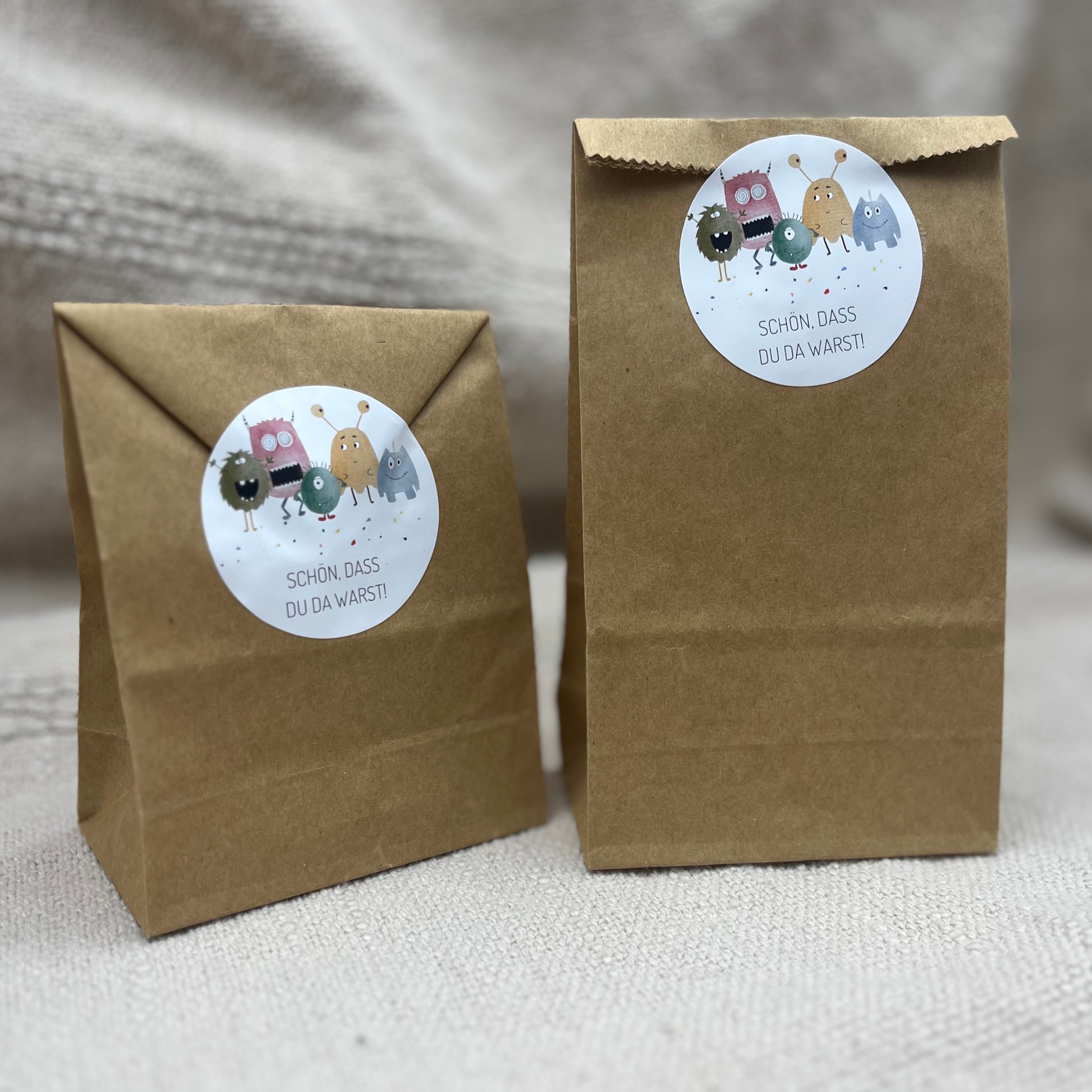 „Schön, dass du da warst“-Sticker mit Monstermotiv für den Kindergeburtstag.