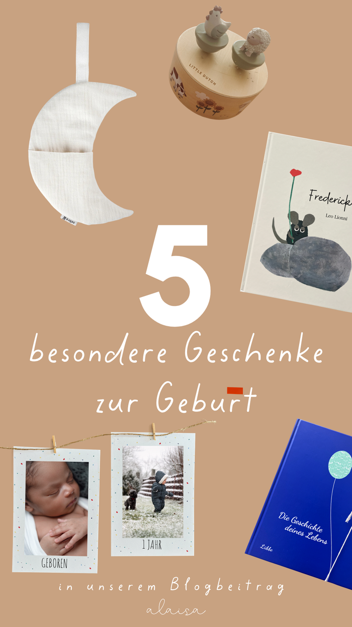 5 besondere Geschenke zur Geburt mit Bildern von Fotogirlande, Spieluhr, Erinnerungsalbum, Kinderbuch und Mond-Betttasche