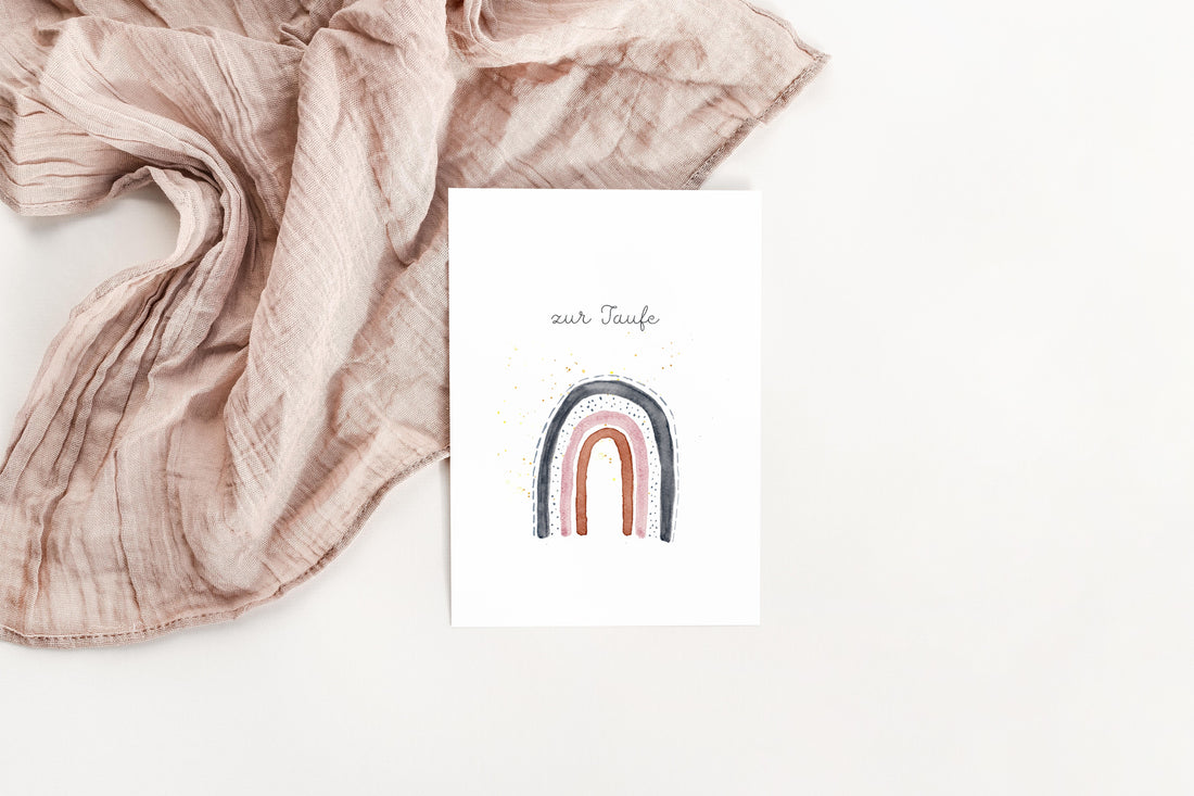 Handgemalte Karte zur Taufe –  Regenbogen rosa