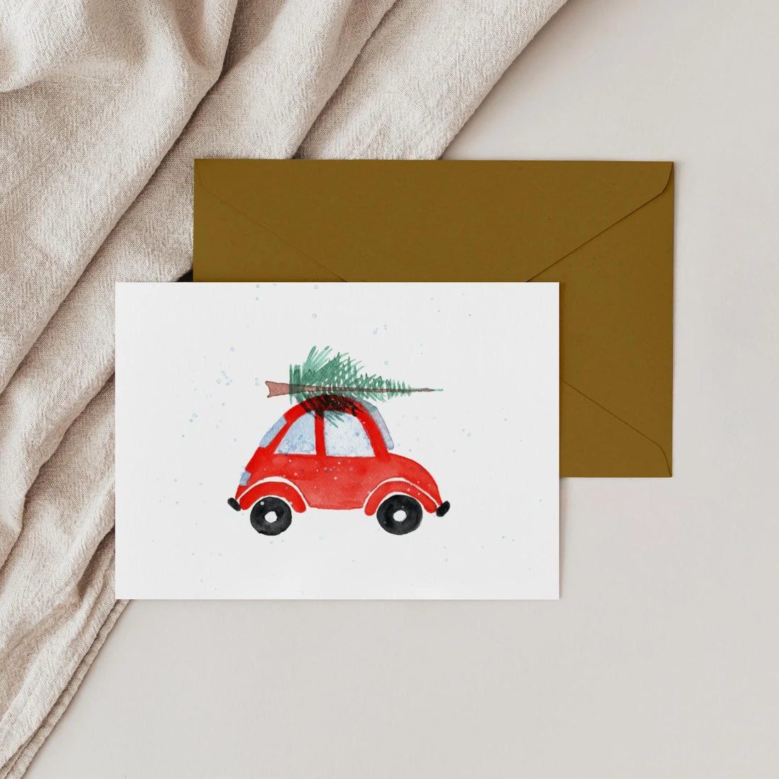 Handgemalte Weihnachtskarte –  Weihnachtsauto