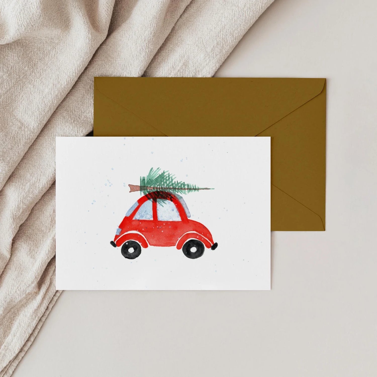 Handgemalte Weihnachtskarte –  Weihnachtsauto