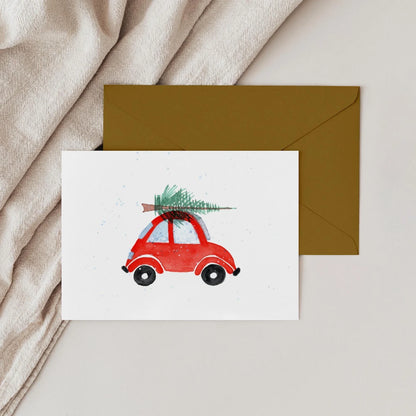 Handgemalte Weihnachtskarte –  Weihnachtsauto