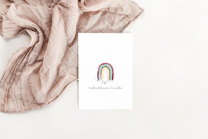 Handgemalte Karte zur Geburt –  Hallo kleines Wunder Regenbogen