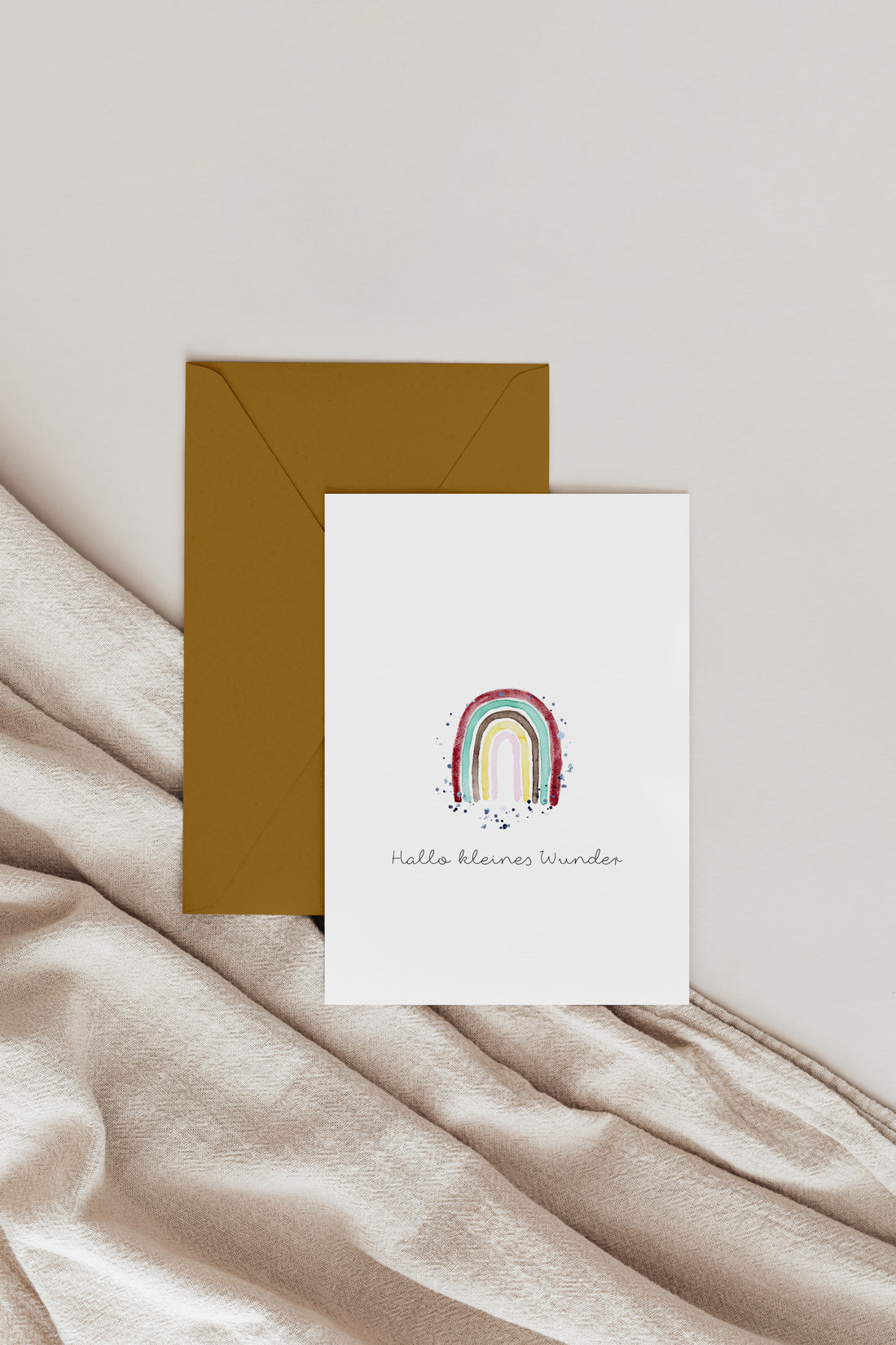 Handgemalte Karte zur Geburt –  Hallo kleines Wunder Regenbogen