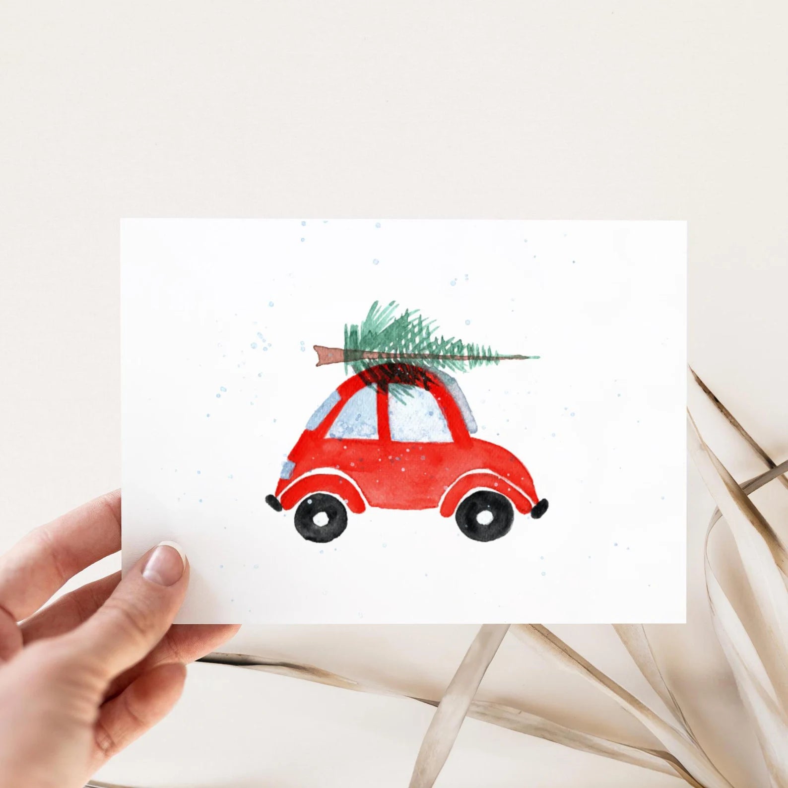 Handgemalte Weihnachtskarte –  Weihnachtsauto