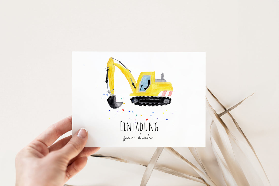 Handgemalte Bagger-Einladungskarte für den Kindergeburtstag