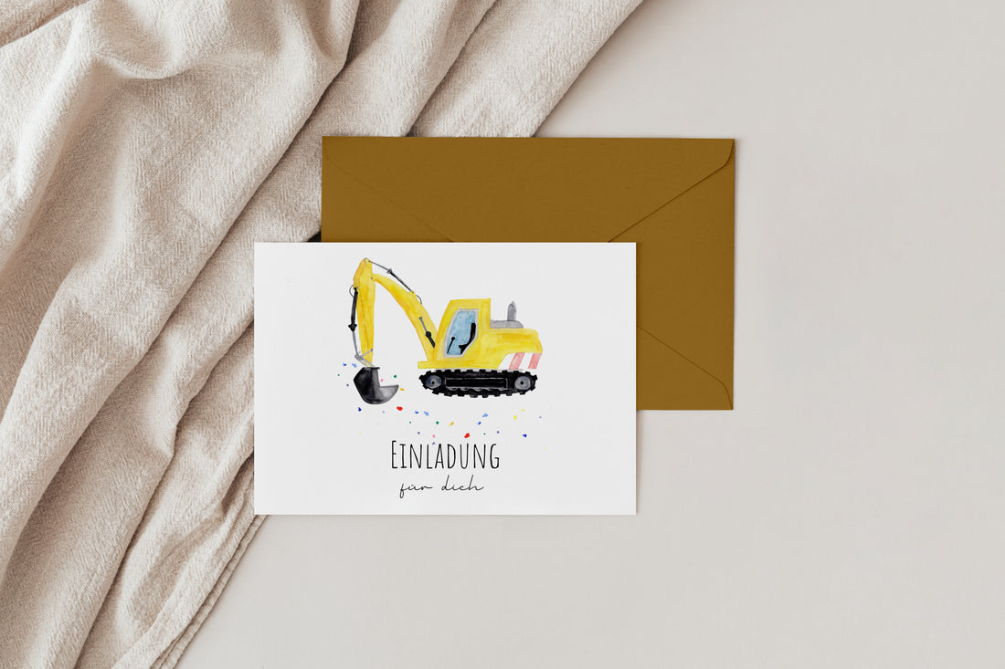 Bagger-Einladungskarte für den Kindergeburtstag mit passendem Umschlag