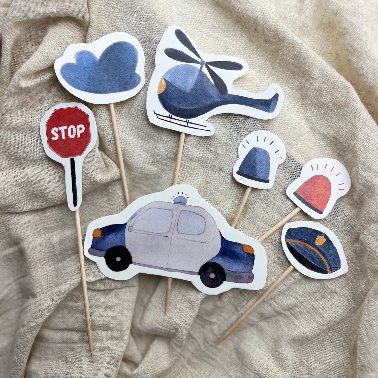 Handgemalter Caketopper mit Polizeimotiv für den Kindergeburtstag, zum Selberbasteln.