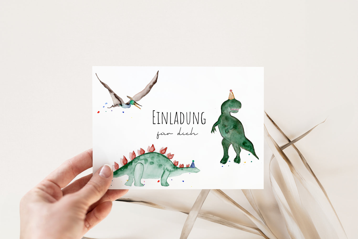 Handgemalte Dino-Einladungskarte für den Kindergeburtstag