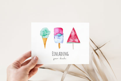 Handgemalte Eis-Einladungskarte (Eiscreme) für den Kindergeburtstag