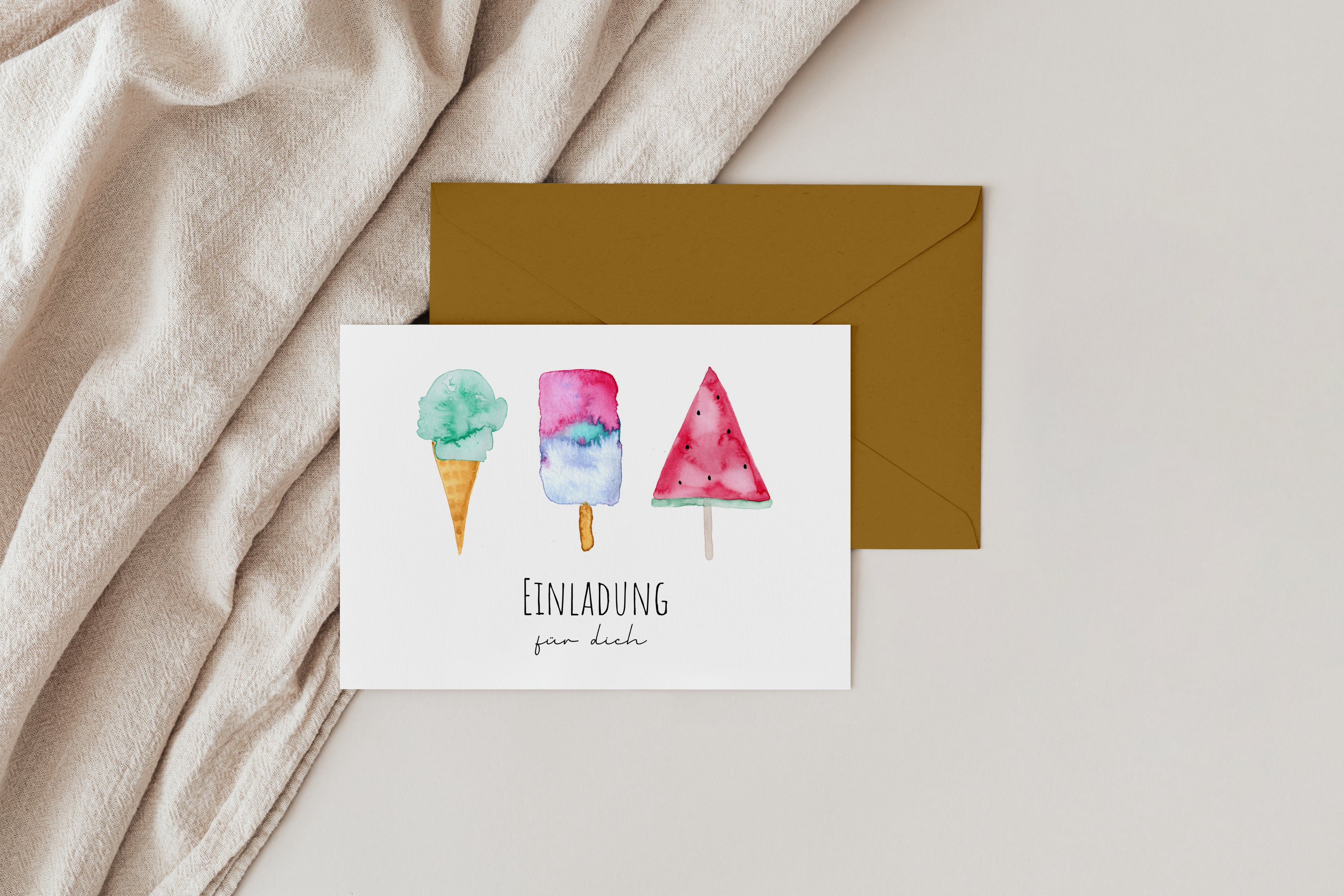 Eis-Einladungskarte für den Kindergeburtstag mit passendem Umschlag