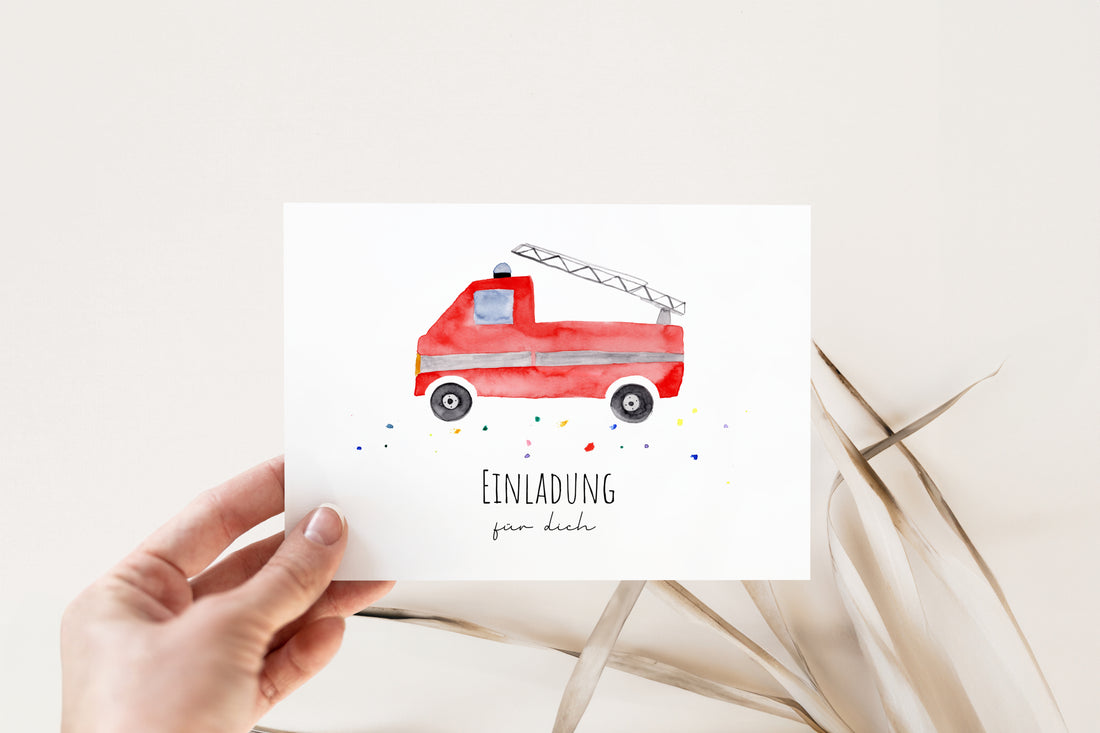 Handgemalte Feuerwehr-Einladungskarte für den Kindergeburtstag