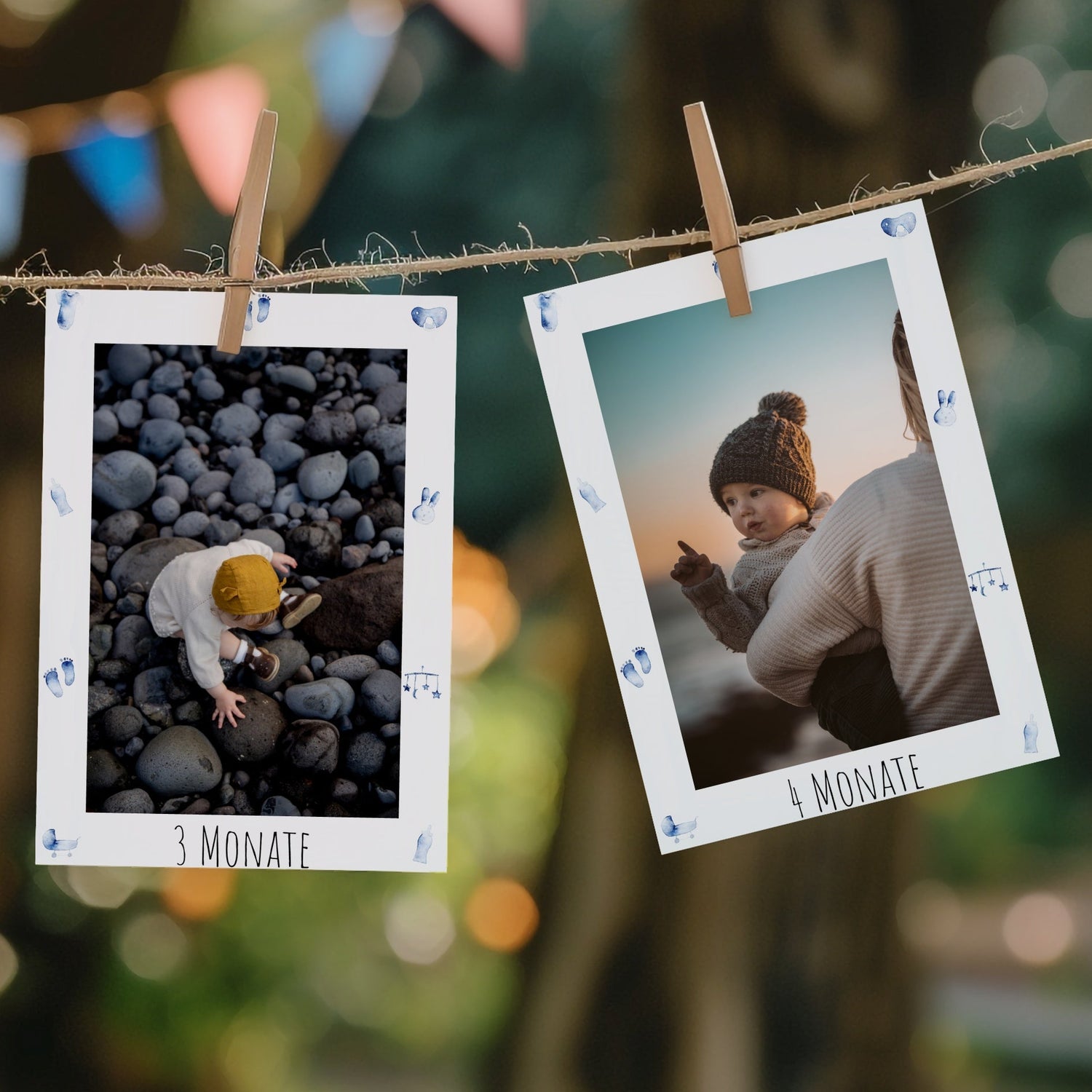 Fotogirlande zum 1. Geburtstag mit zarten Babymotiven in Blau, handillustrierte Karte mit Foto