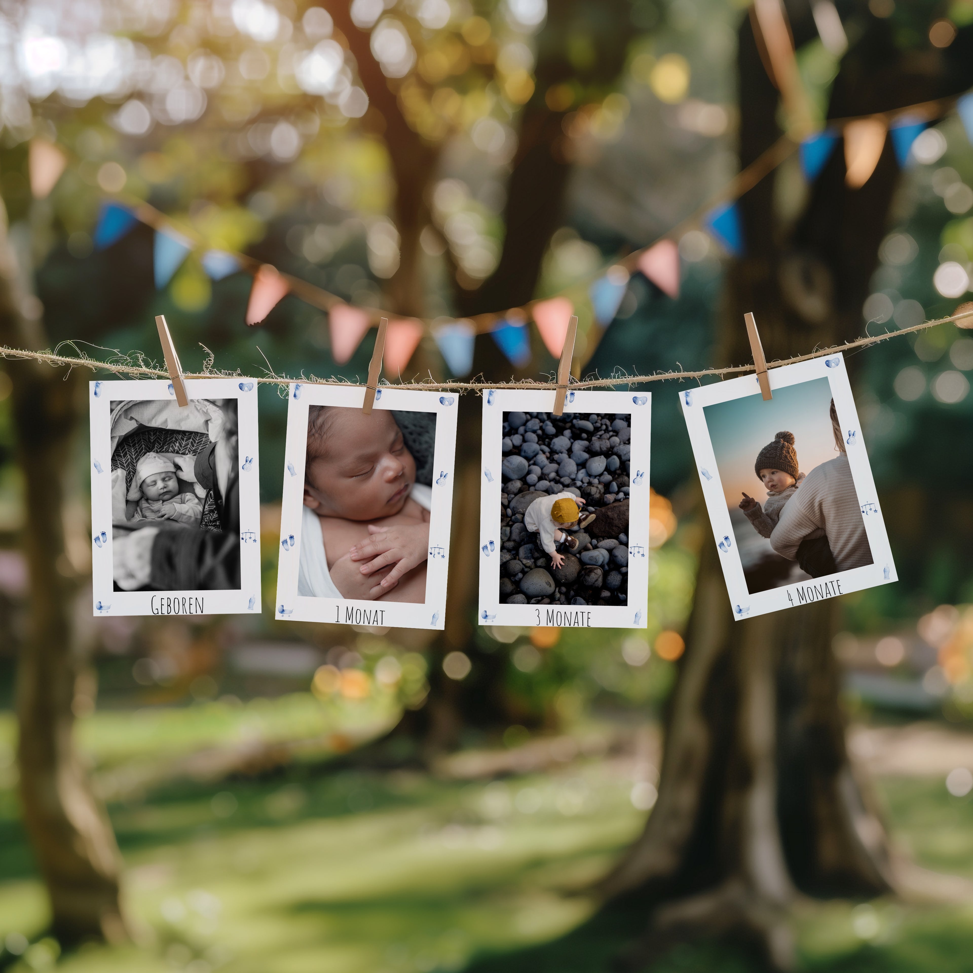 Fotogirlande zum 1. Geburtstag als ruhige Dekoration mit blauen Babymotiven und persönlichen Fotos