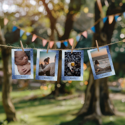 Detailansicht der Fotogirlande zum 1. Geburtstag in Blau mit zarten Illustrationen