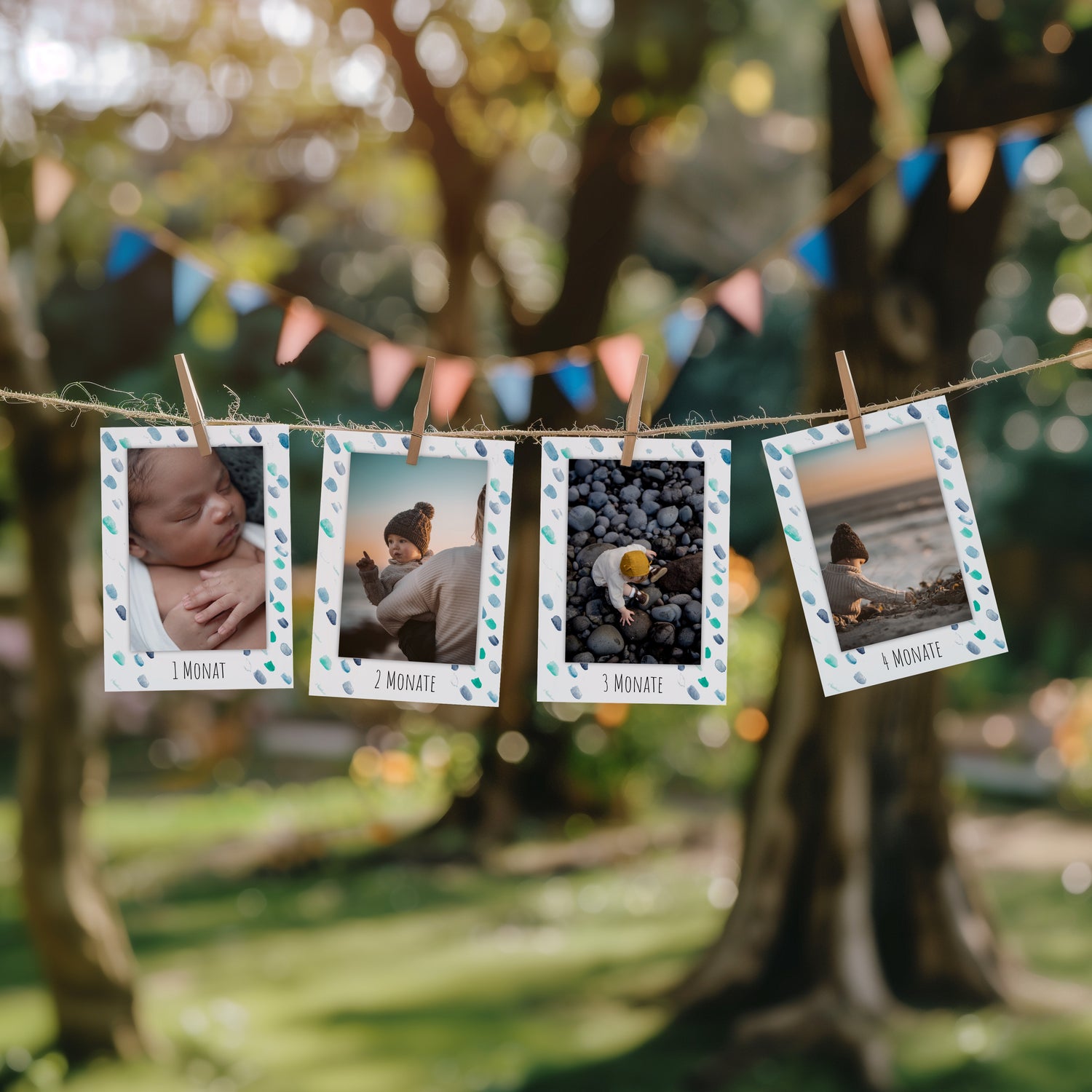Einzelne Monatskarte der Fotogirlande zum 1. Geburtstag im Motiv Blaue Tupfer.