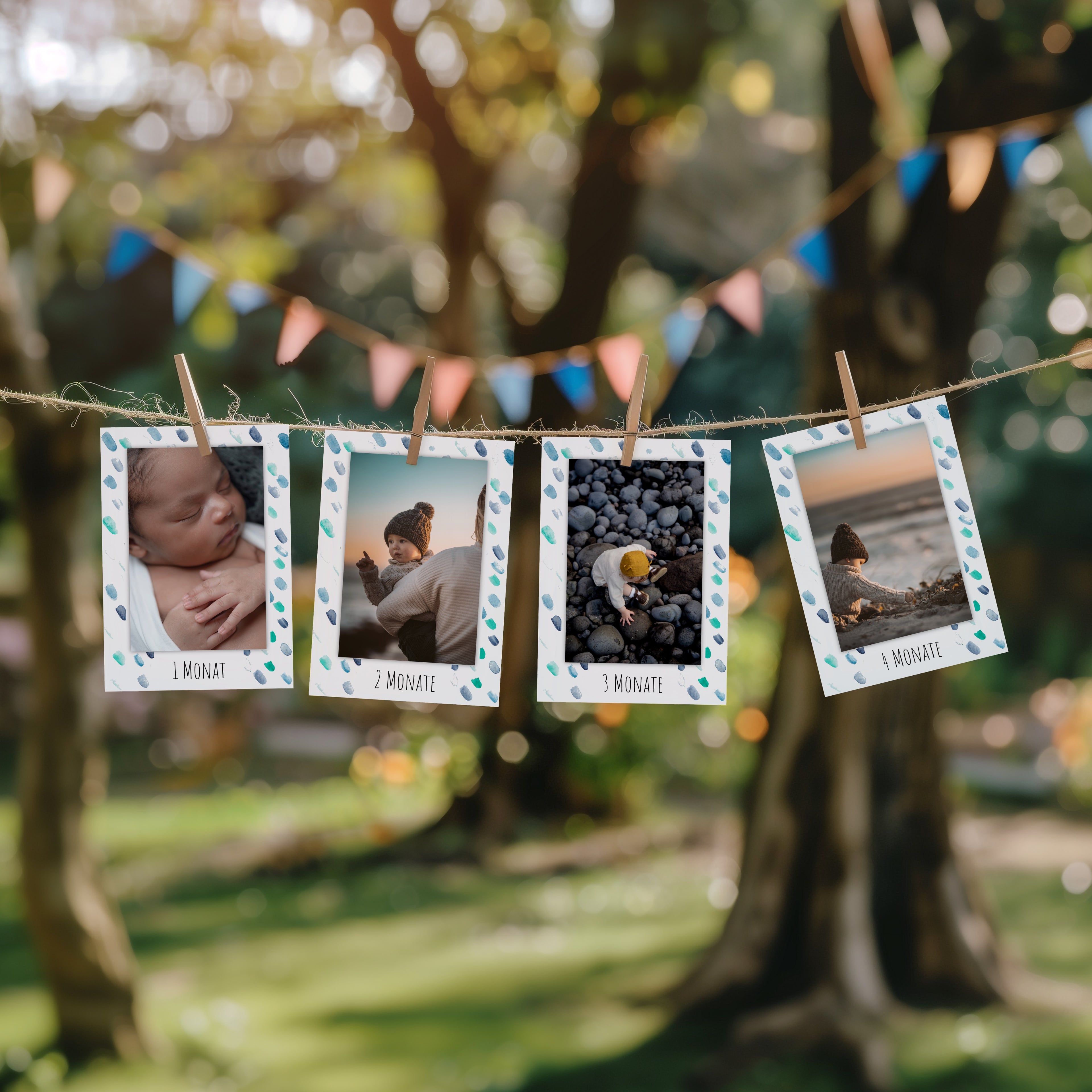 Einzelne Monatskarte der Fotogirlande zum 1. Geburtstag im Motiv Blaue Tupfer.