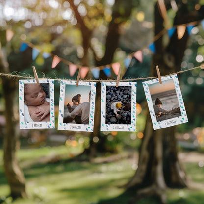 Einzelne Monatskarte der Fotogirlande zum 1. Geburtstag im Motiv Blaue Tupfer.