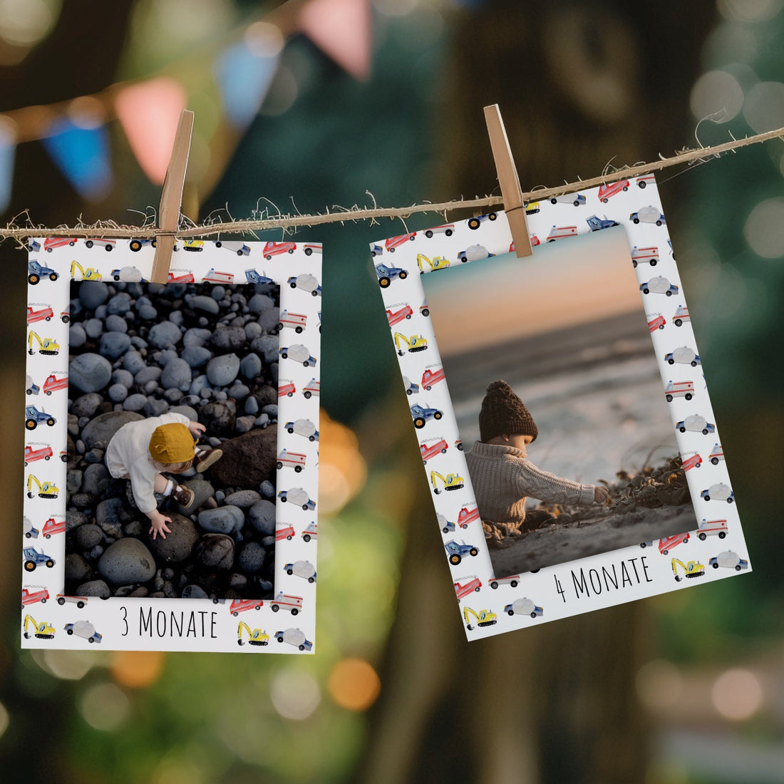 Fotogirlande zum 1. Geburtstag mit Fahrzeugmotiven als Dekoration zur Geburtstagsparty