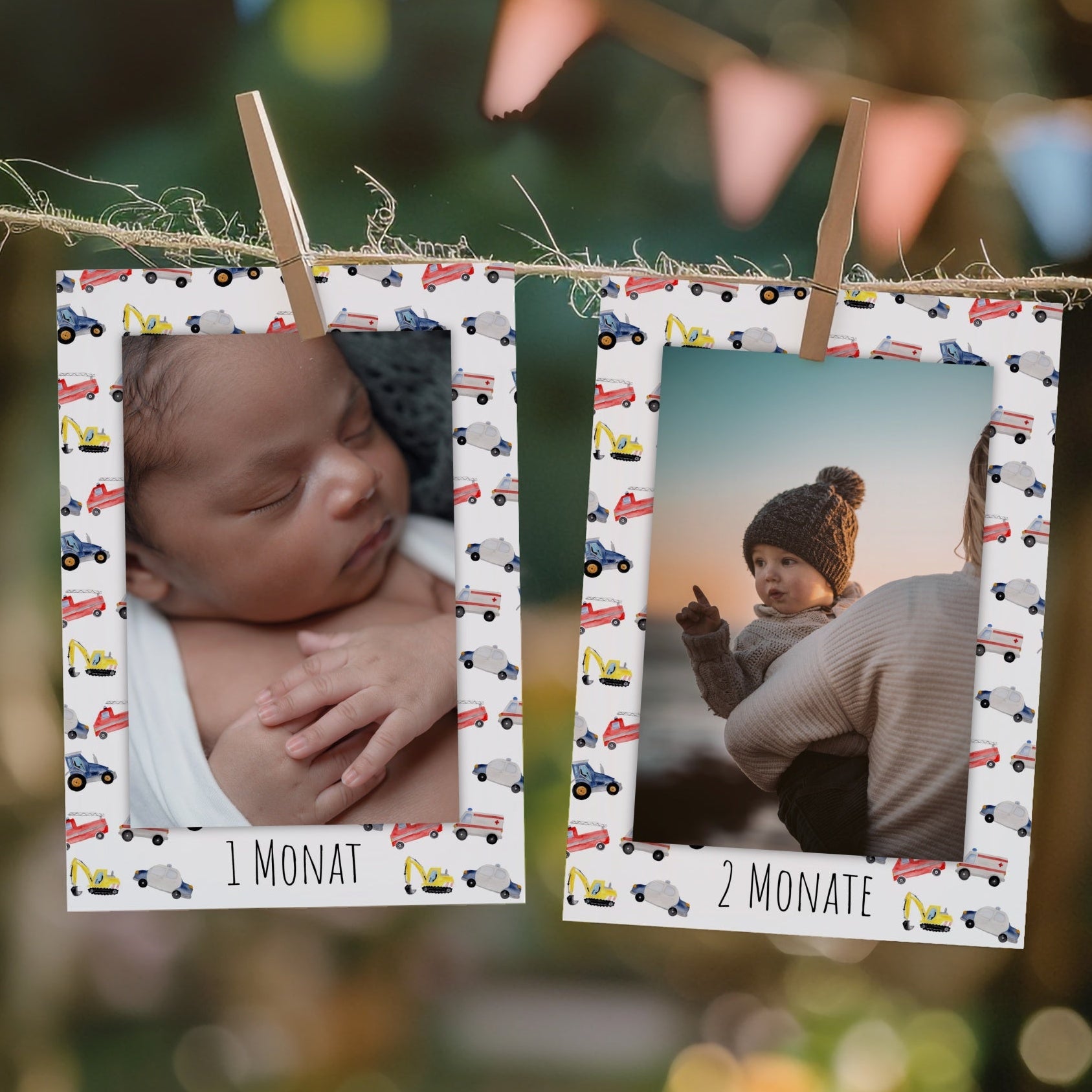 Detailansicht der Fotogirlande zum 1. Geburtstag mit handillustrierten Fahrzeugen