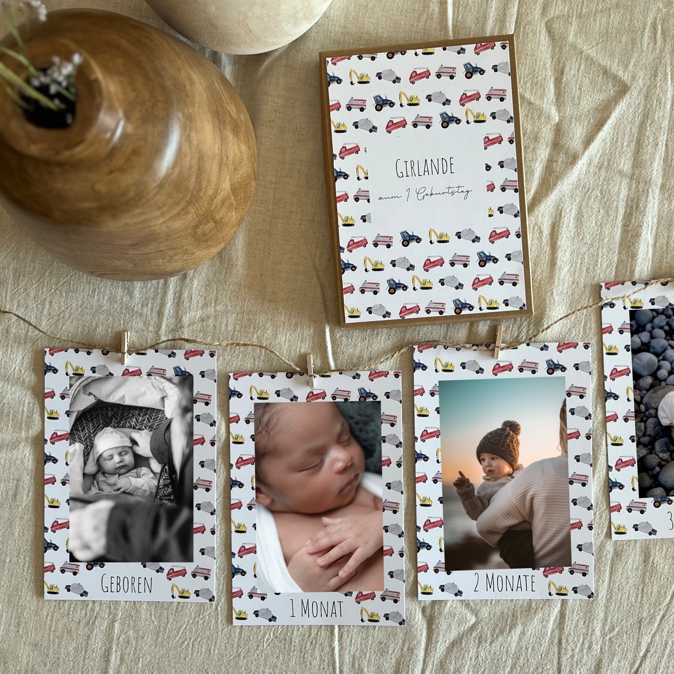 Fotogirlande zum 1. Geburtstag aus hochwertigem Papier mit Fahrzeugillustrationen