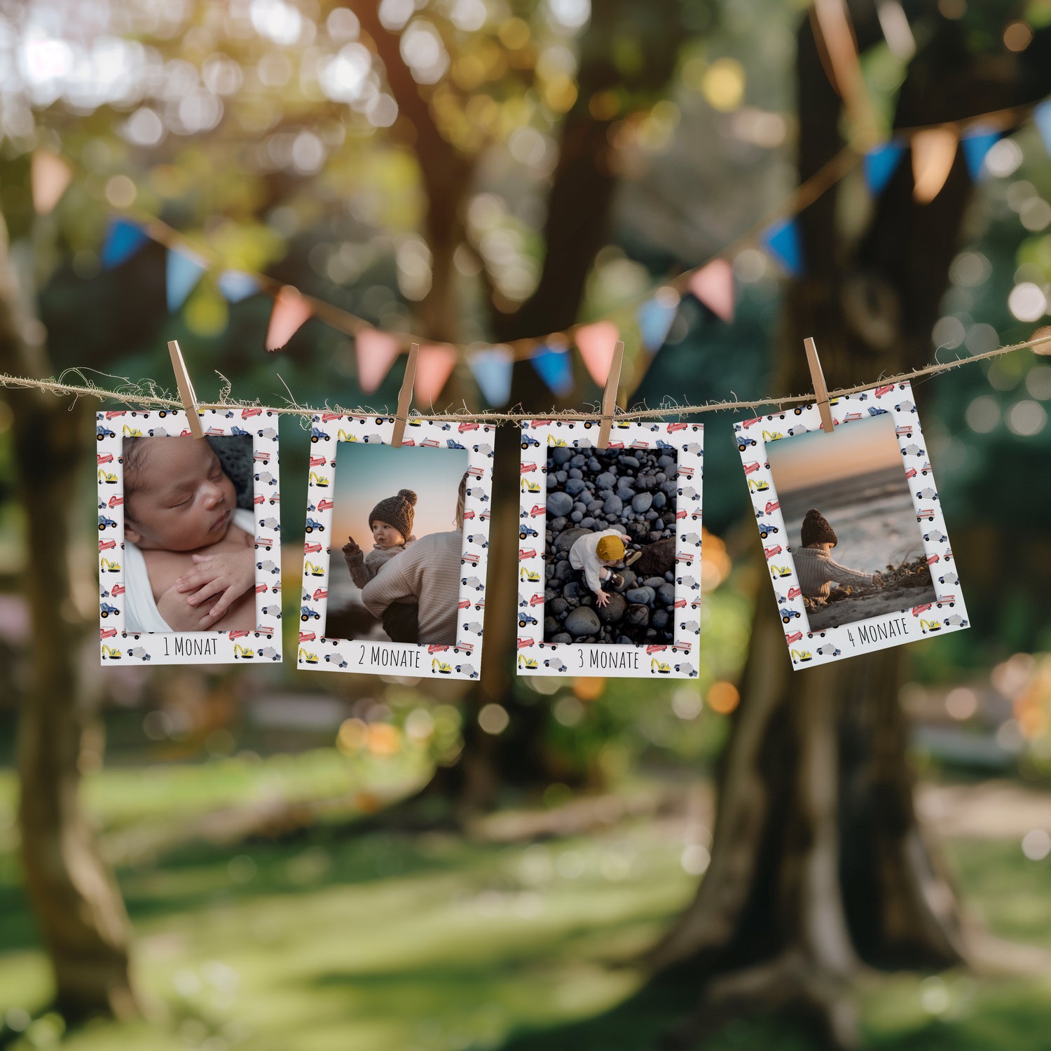 Fotogirlande zum 1. Geburtstag mit Fahrzeugmotiven und Platz für persönliche Fotos