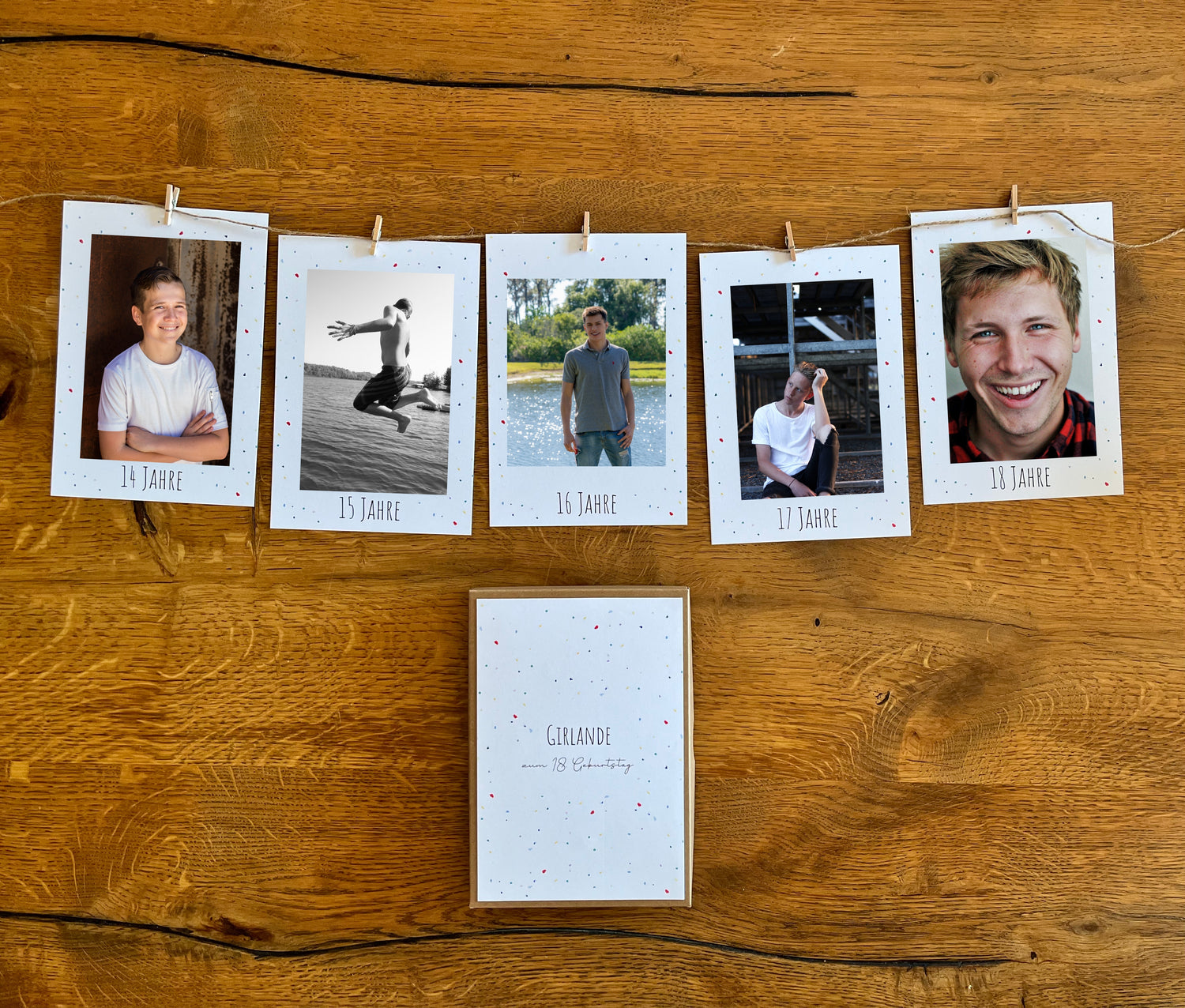 Handgemalte Fotogirlande im Motiv Farbspritzer für den 18. Geburtstag als besondere Erinnerung