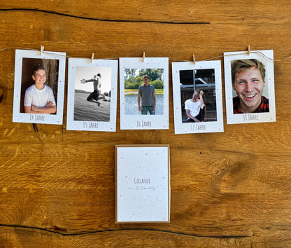 Handgemalte Fotogirlande im Motiv Farbspritzer für den 18. Geburtstag als besondere Erinnerung