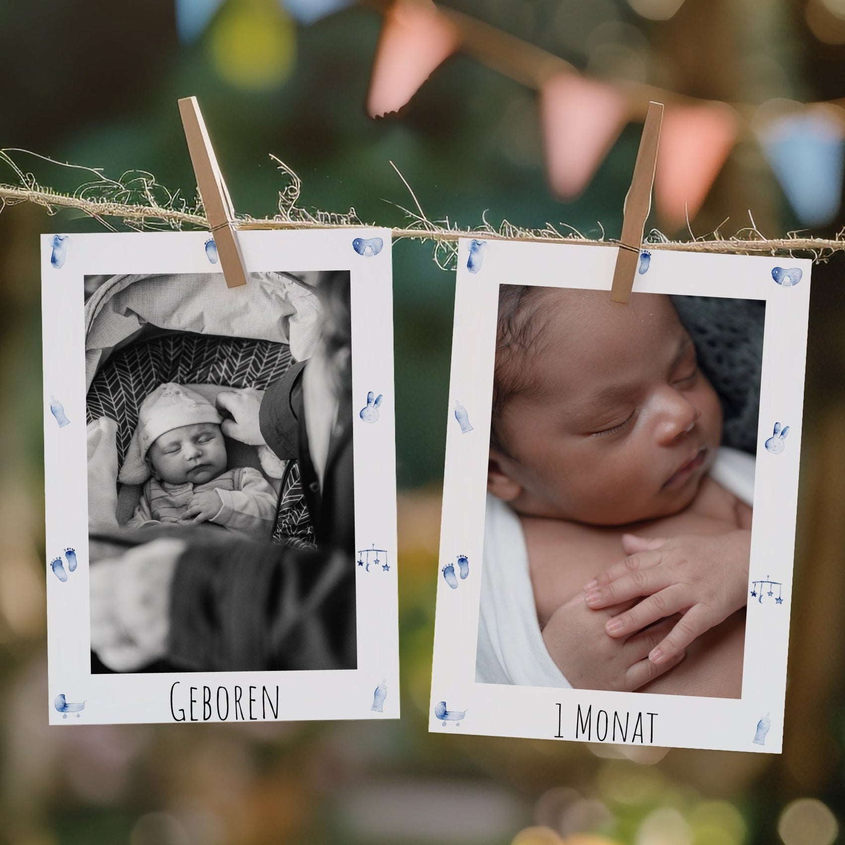 Handgemalte Fotogirlande mit Babymotiven in Blau, Foto an Juteschnur mit Holzklammer befestigt