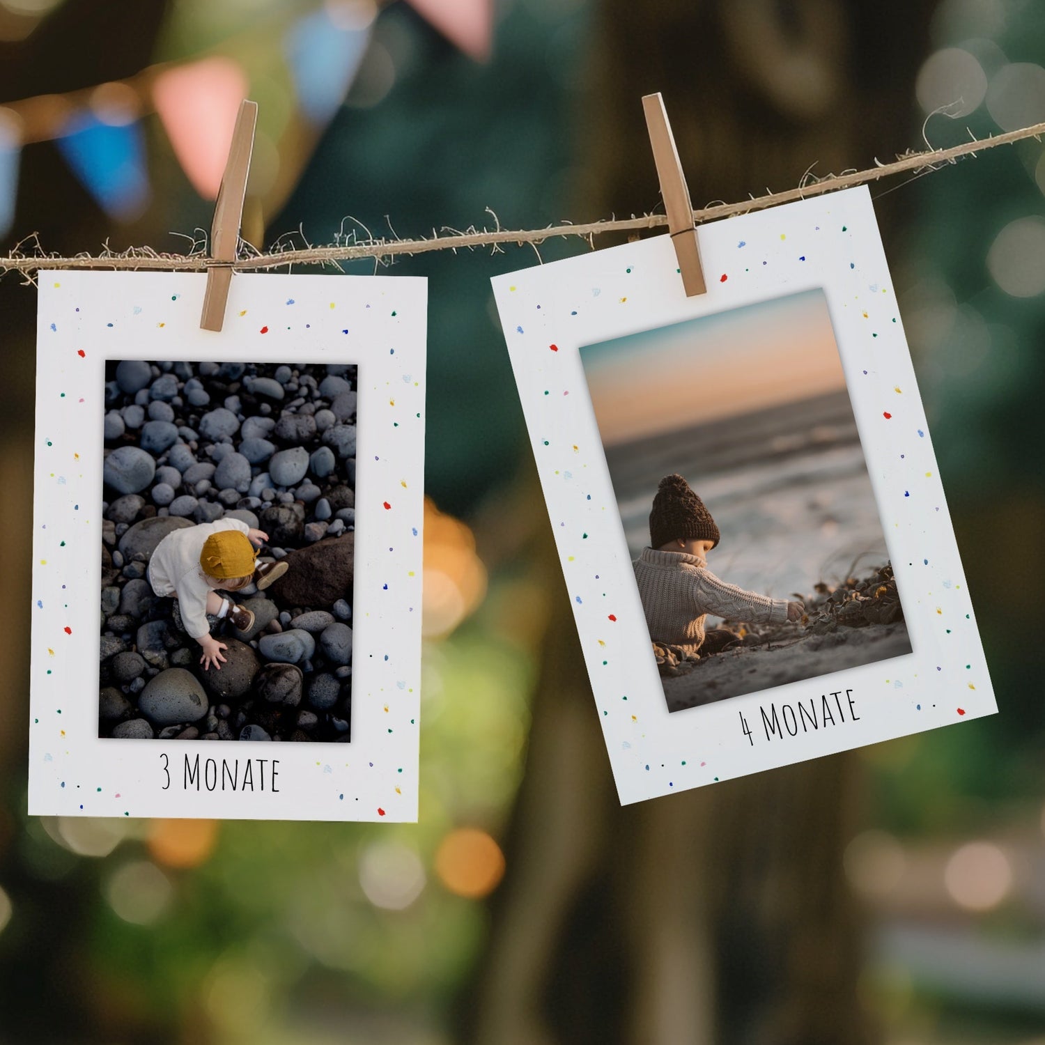 Fotogirlande Farbspritzer dekorativ aufgehängt mit Fotos und Karten