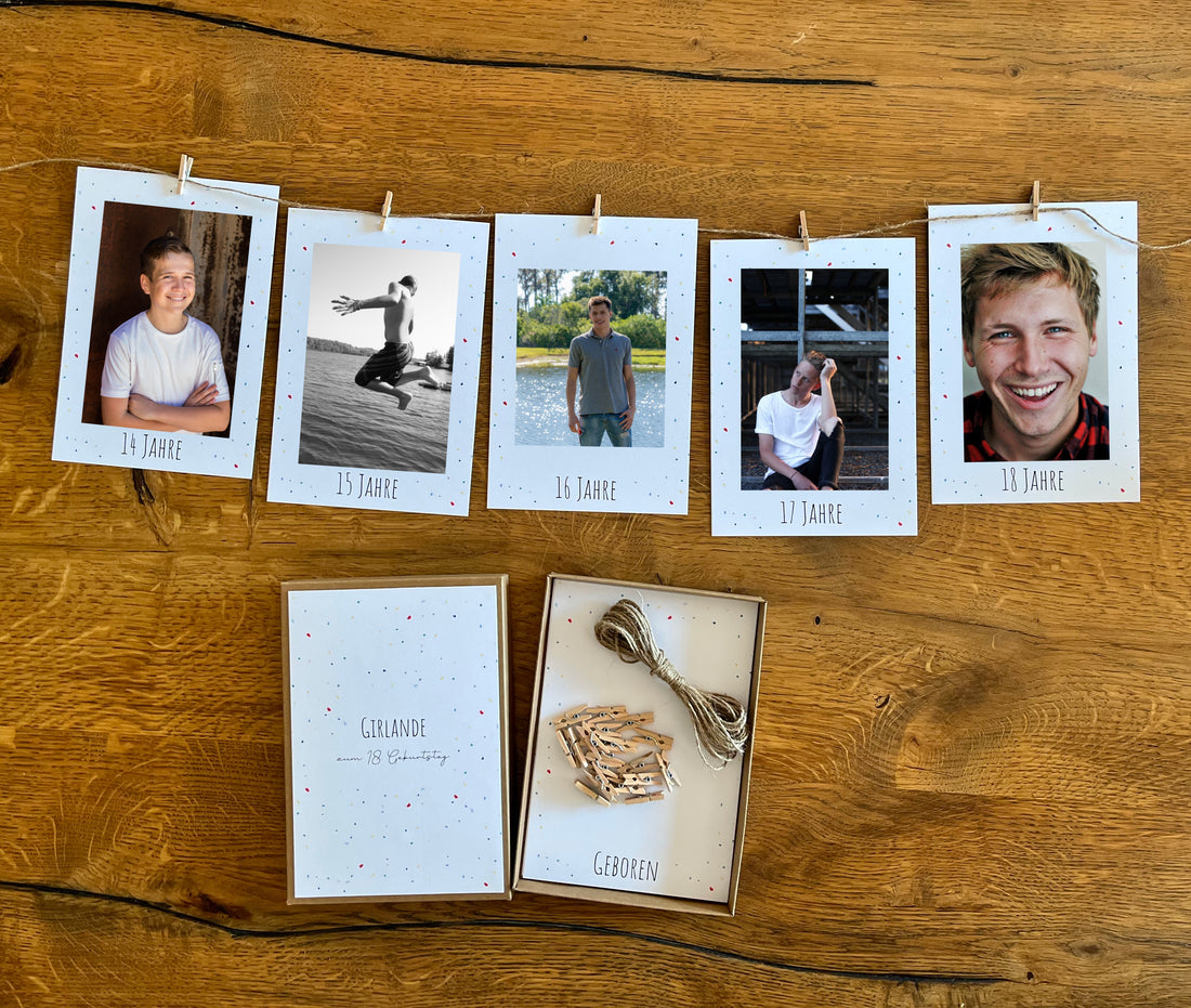 Detailansicht der handillustrierten Karten der Fotogirlande Farbspritzer zum 18. Geburtstag