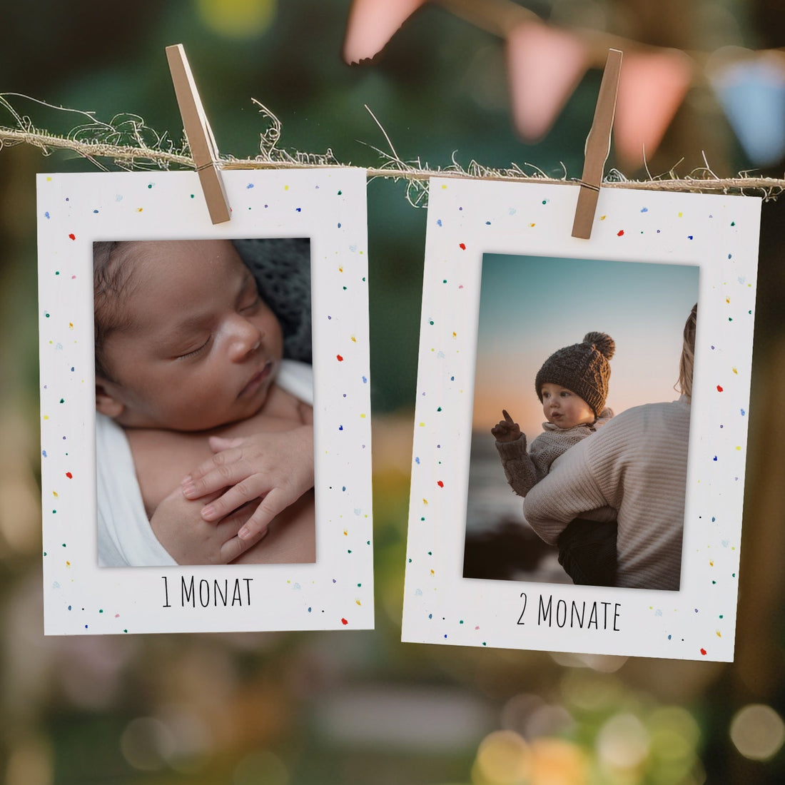 Detailansicht der Fotogirlande Farbspritzer mit handillustrierten Karten und Farbakzenten