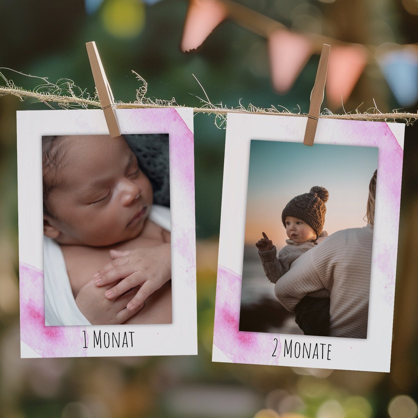 Detailansicht der handillustrierten Karten der Fotogirlande in Rosa für den 1. Geburtstag.