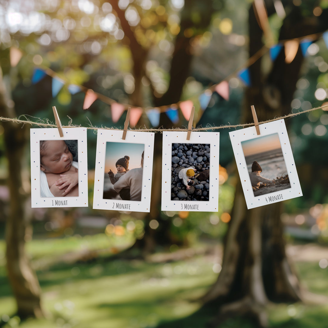 Fotogirlande Tupfer als Geburtstagsdekoration mit Fotos und Karten aufgehängt