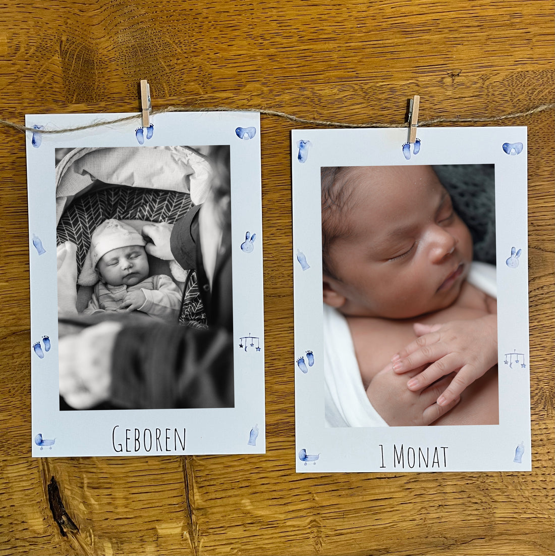 Liebevoll gestaltete Girlande zum 1. Geburtstag in Blau mit Babymotiven, Klammern, Juteschnur und Box für Fotos und Meilensteine.