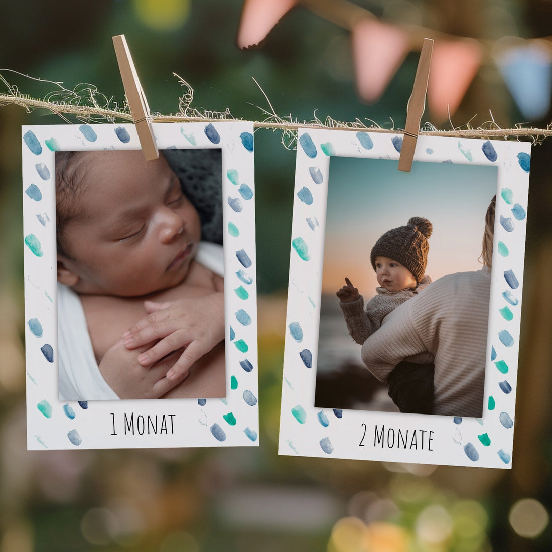 Handgemalte Fotogirlande im Motiv Blaue Tupfer zum 1. Geburtstag mit Karten für jeden Lebensmonat.