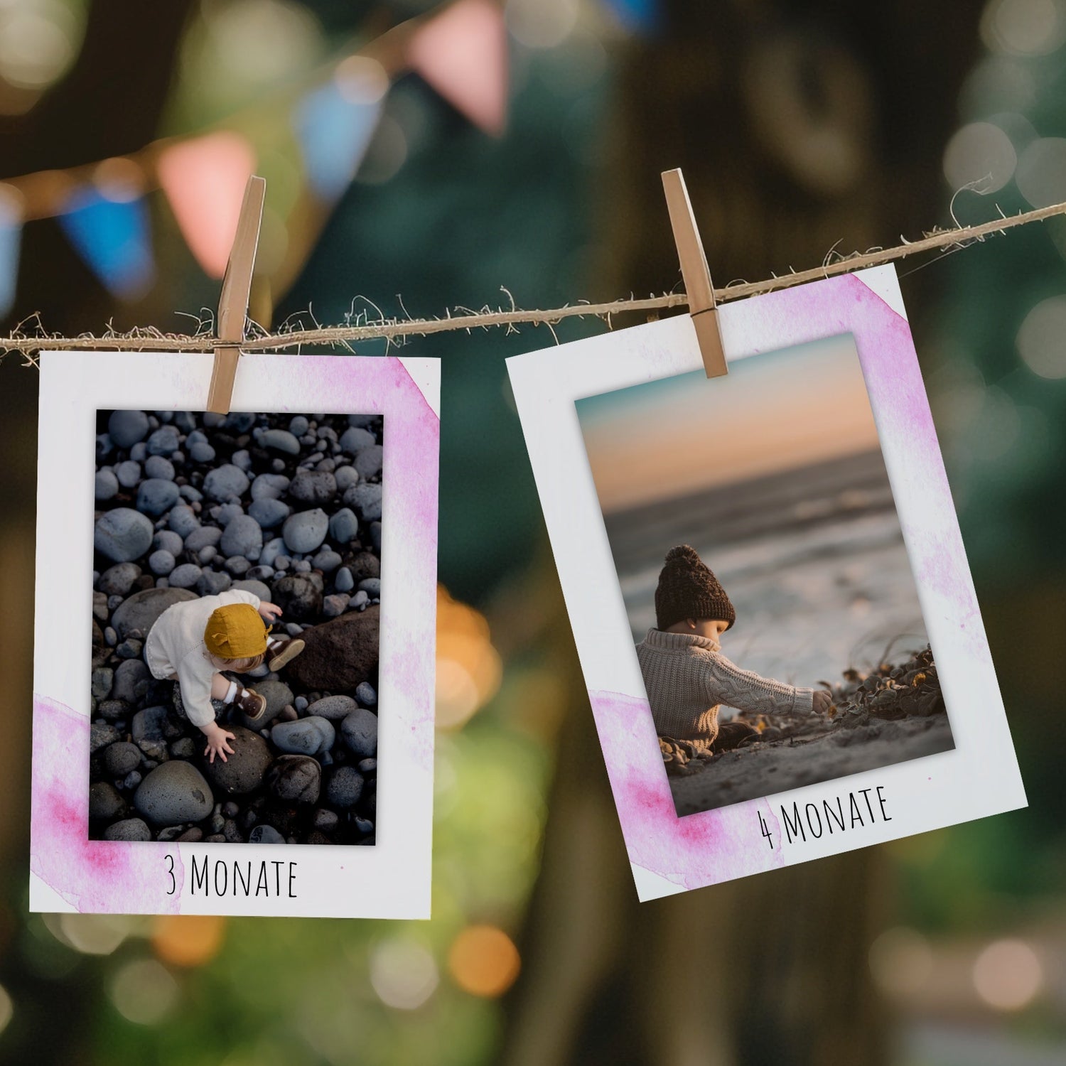 Einzelne Monatskarte der Fotogirlande zum 1. Geburtstag in Rosa.