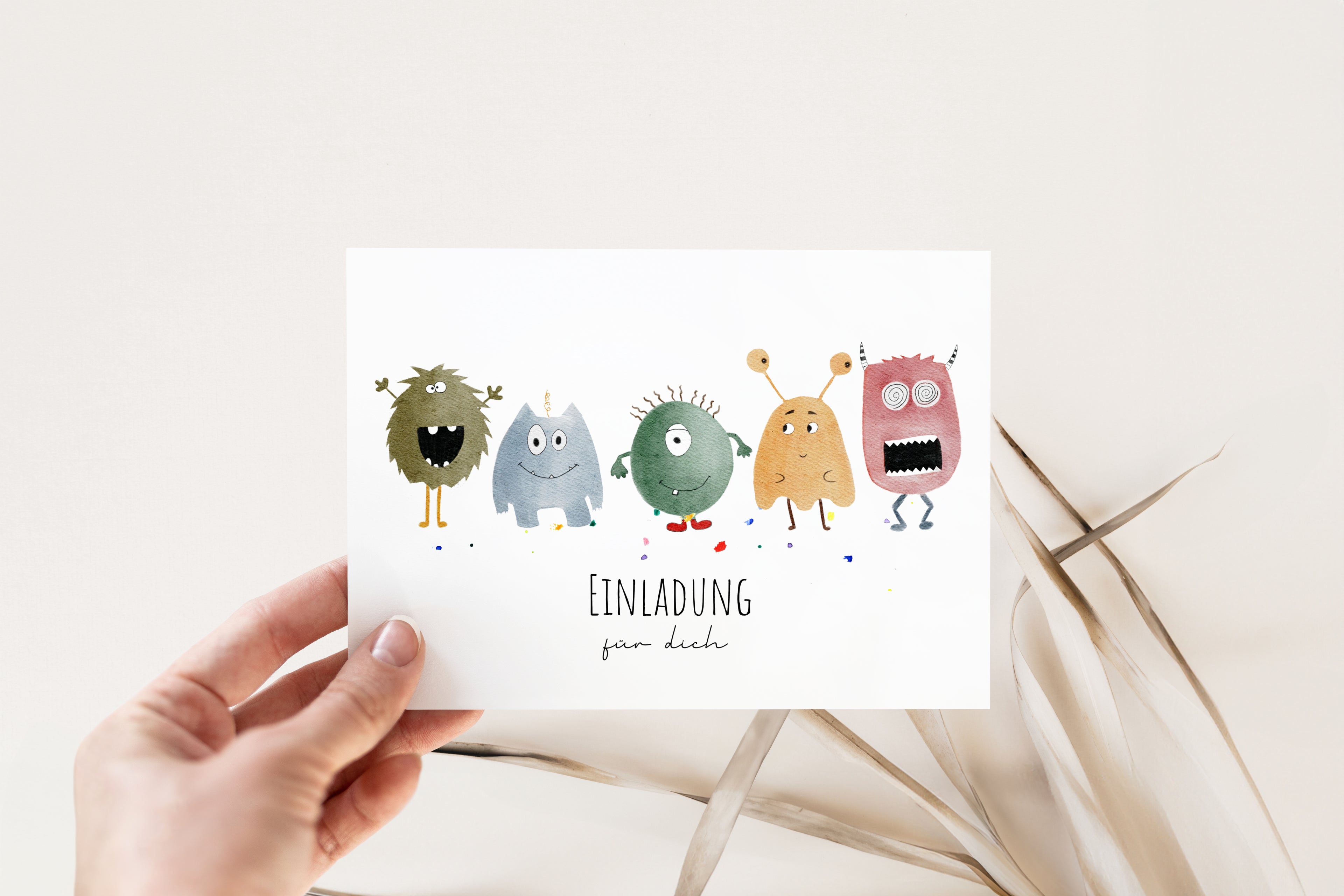 Handgemalte Monster-Einladungskarte für den Kindergeburtstag