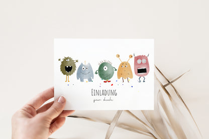 Handgemalte Monster-Einladungskarte für den Kindergeburtstag