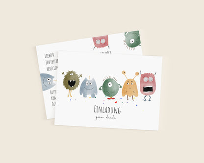 Rückseite der Monster-Einladungskarte für den Kindergeburtstag mit Lückentext
