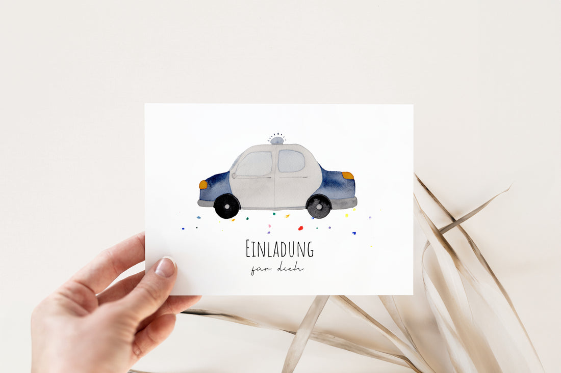 Handgemalte Polizei-Einladungskarte für den Kindergeburtstag