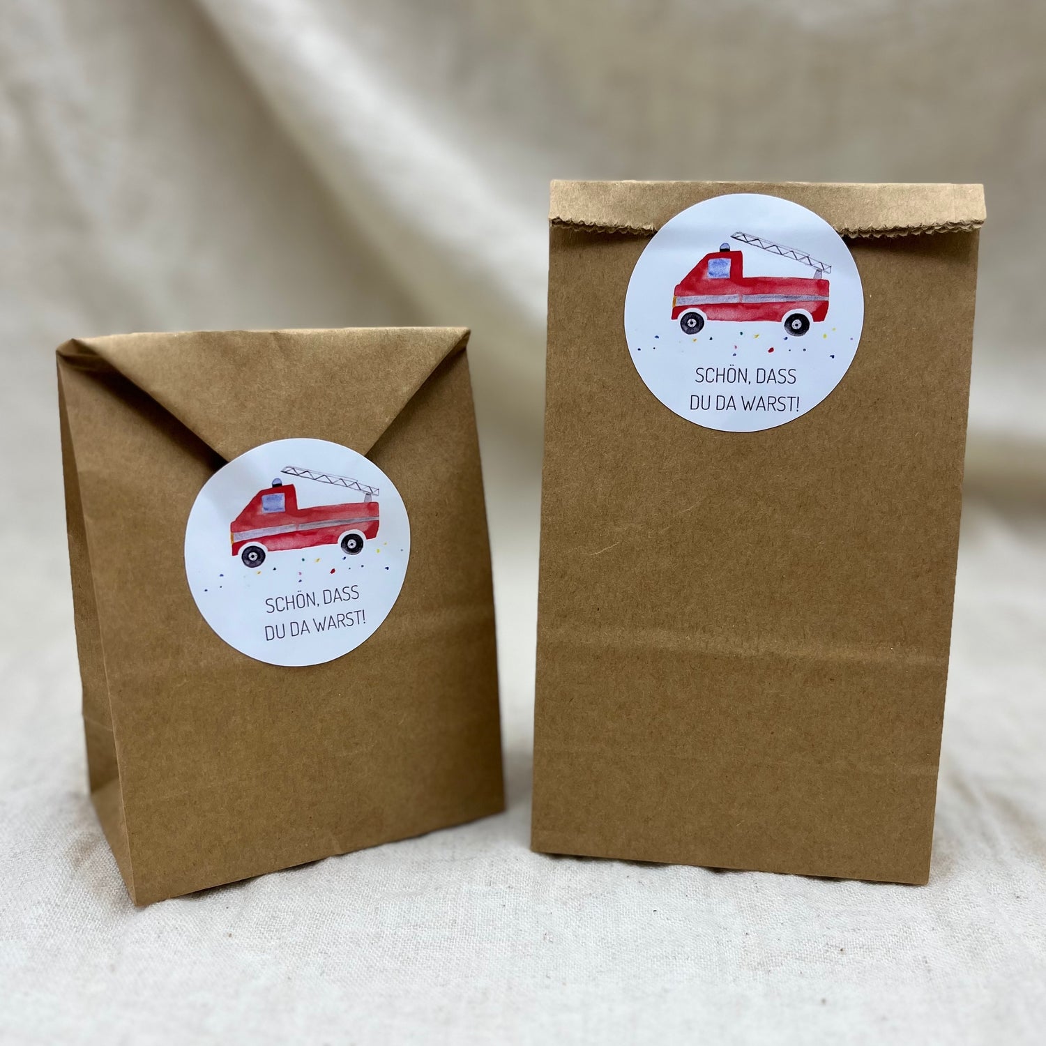 „Schön, dass du da warst“-Sticker mit Feuerwehrmotiv für den Kindergeburtstag.