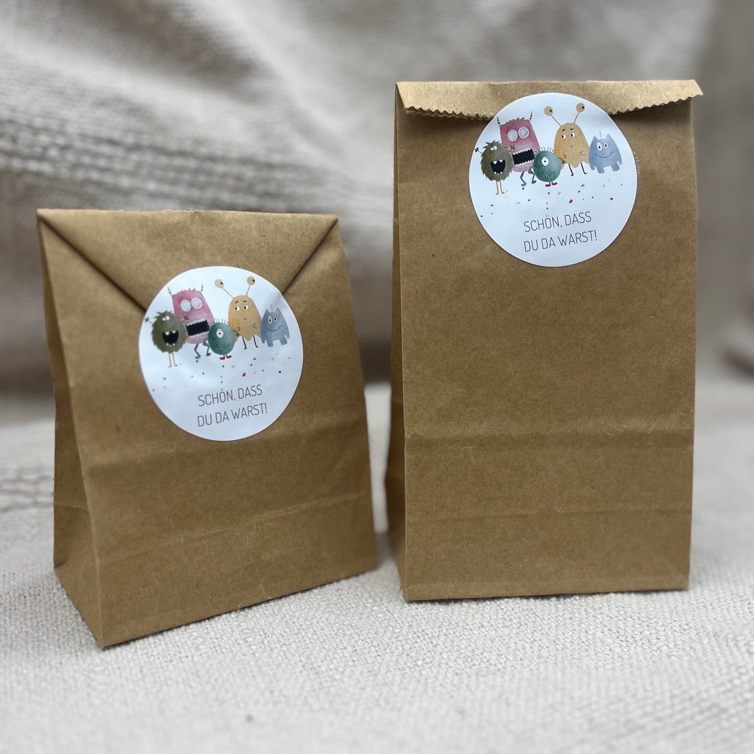 „Schön, dass du da warst“-Sticker mit Monstermotiv für den Kindergeburtstag.