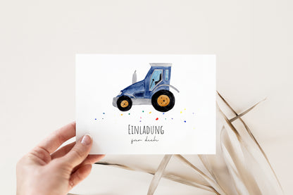 Handgemalte Traktor-Einladungskarte für den Kindergeburtstag